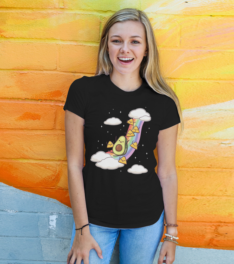 Avocado Nachos Riding A Rainbow With Clouds And Stars Guacamole Fun T-Shirt