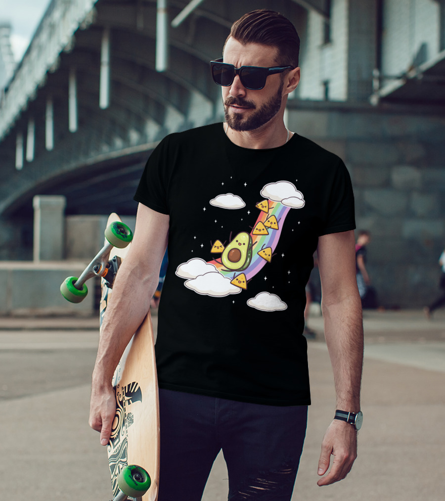 Avocado Nachos Riding A Rainbow With Clouds And Stars Guacamole Fun T-Shirt