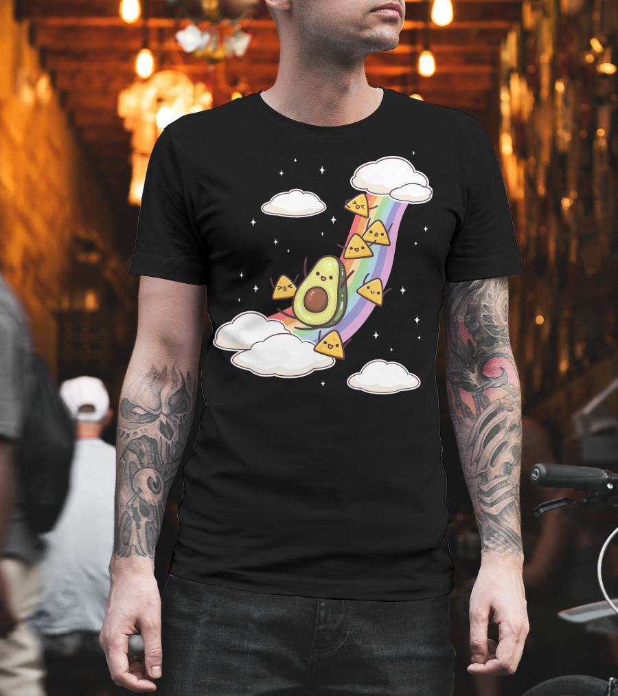Avocado Nachos Riding A Rainbow With Clouds And Stars Guacamole Fun T-Shirt