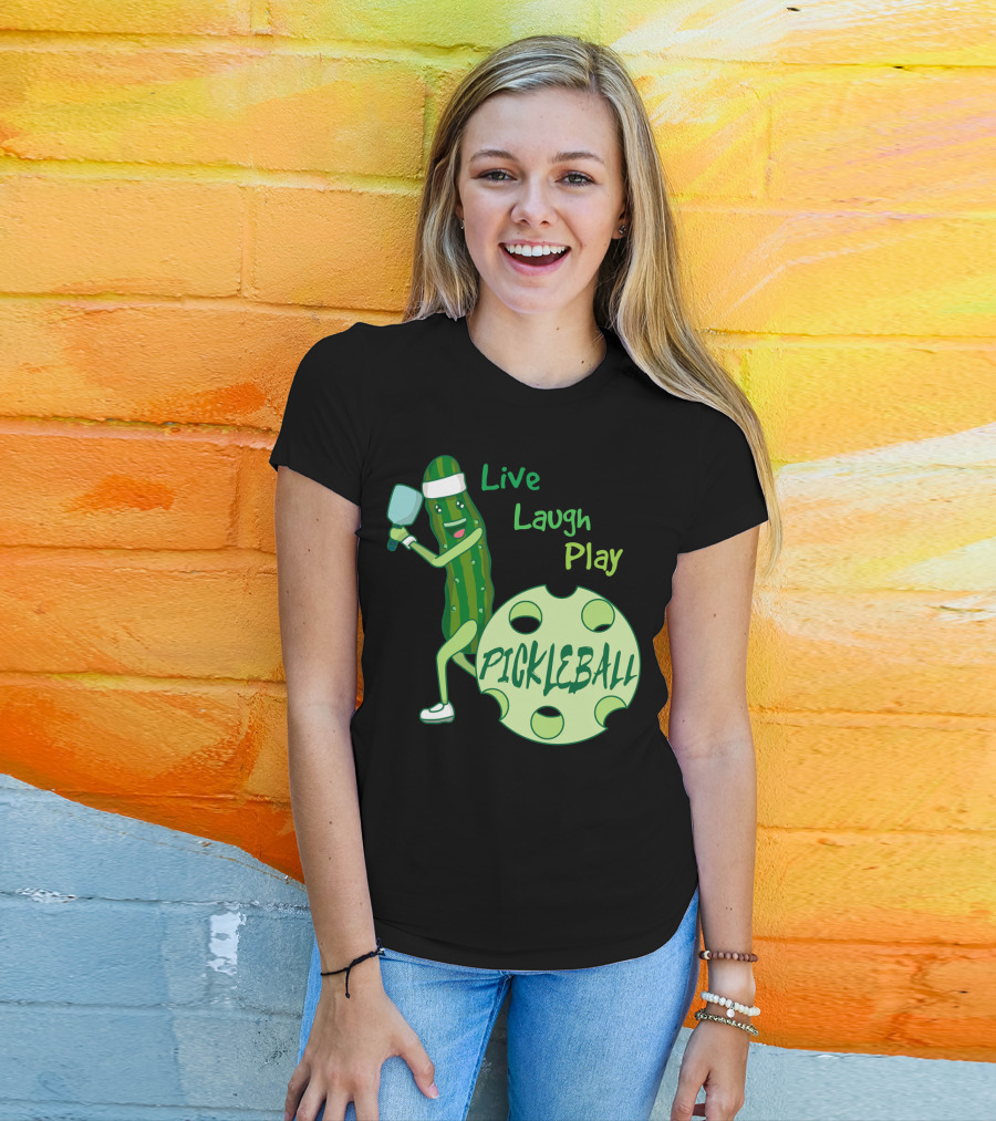 Live Laugh Play Pickleball Funny Sports Pickle Character Paddle T-Shirt