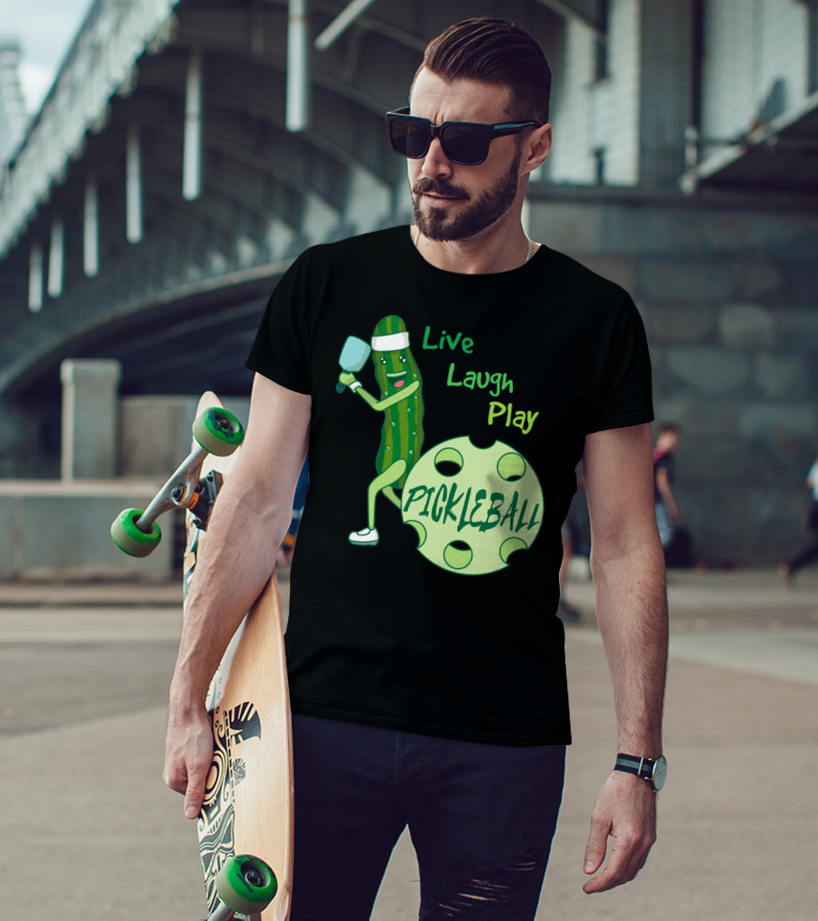 Live Laugh Play Pickleball Funny Sports Pickle Character Paddle T-Shirt