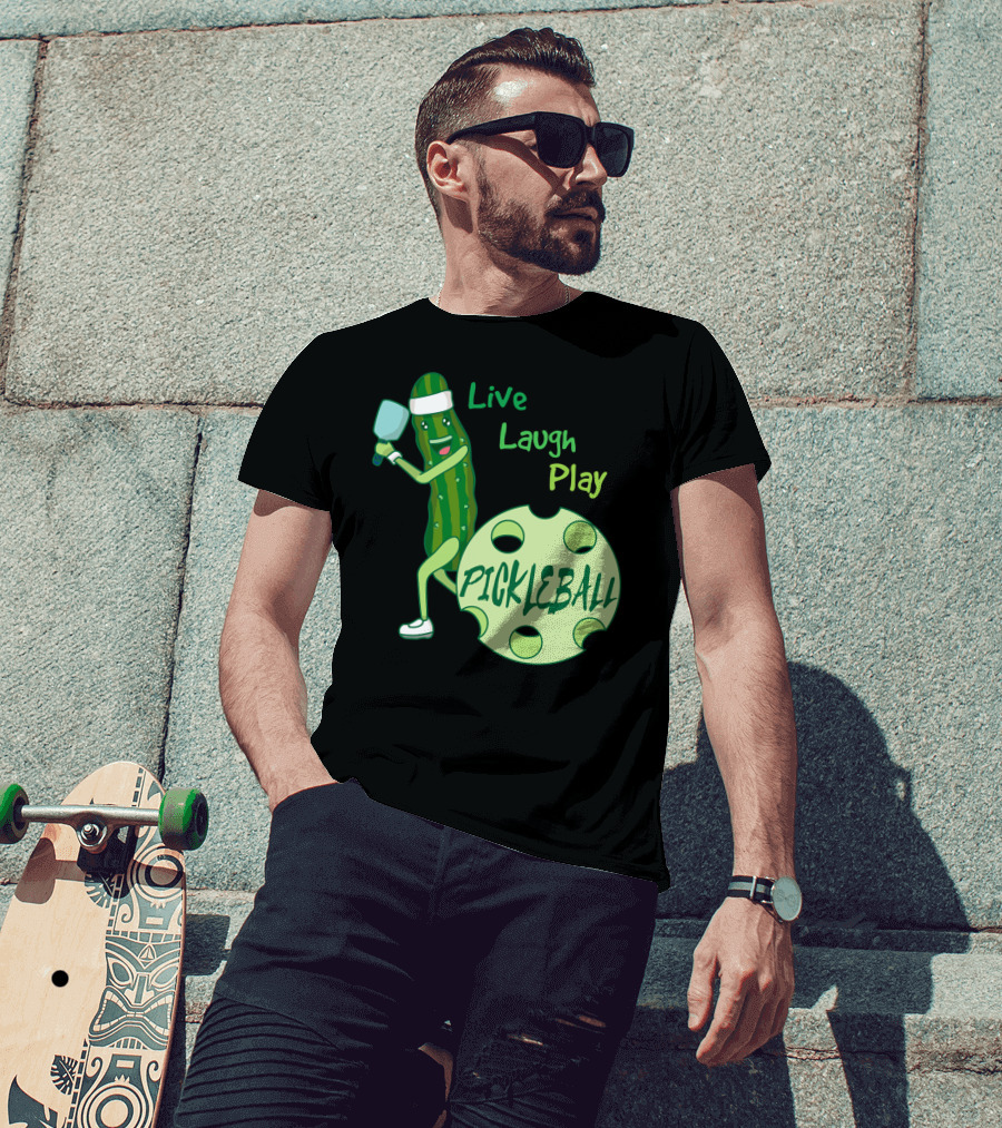 Live Laugh Play Pickleball Funny Sports Pickle Character Paddle T-Shirt