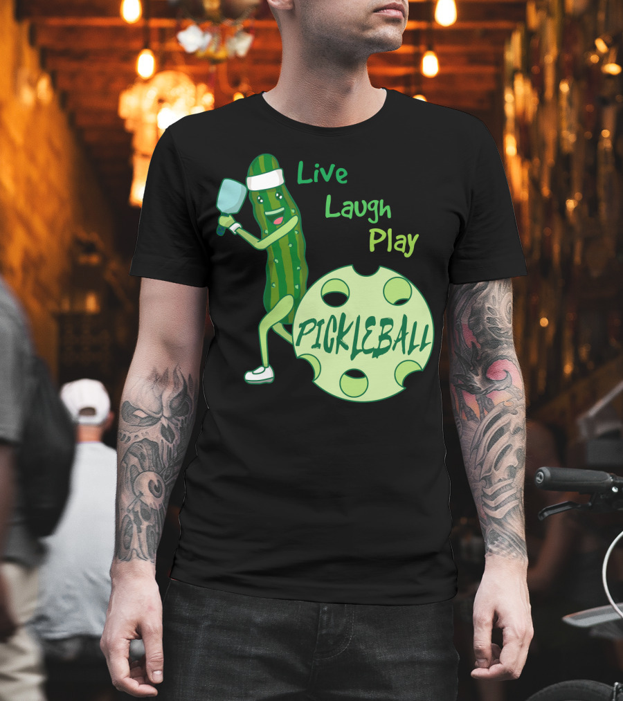 Live Laugh Play Pickleball Funny Sports Pickle Character Paddle T-Shirt
