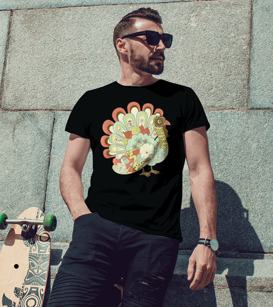 Retro Thanksgiving Turkey Vintage Floral T-Shirt