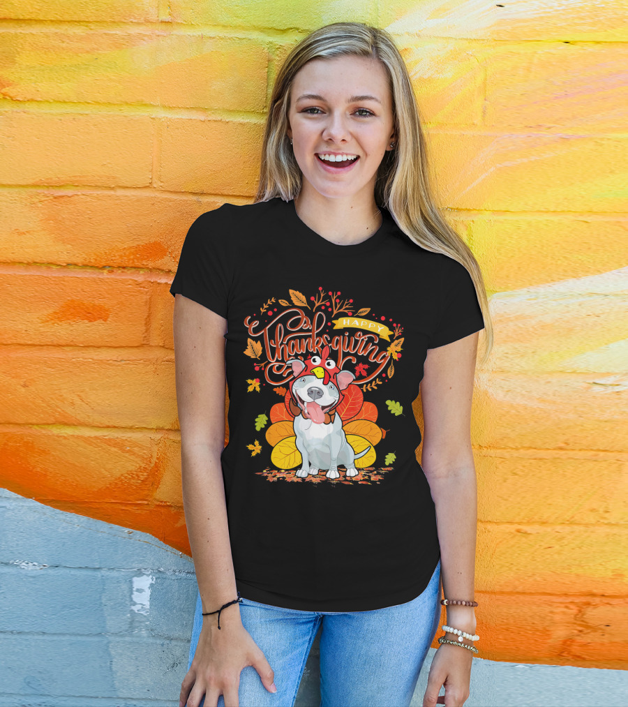 Happy Thanksgiving Pit Bull Wearing Turkey Hat Autumn Leaves T-Shirt