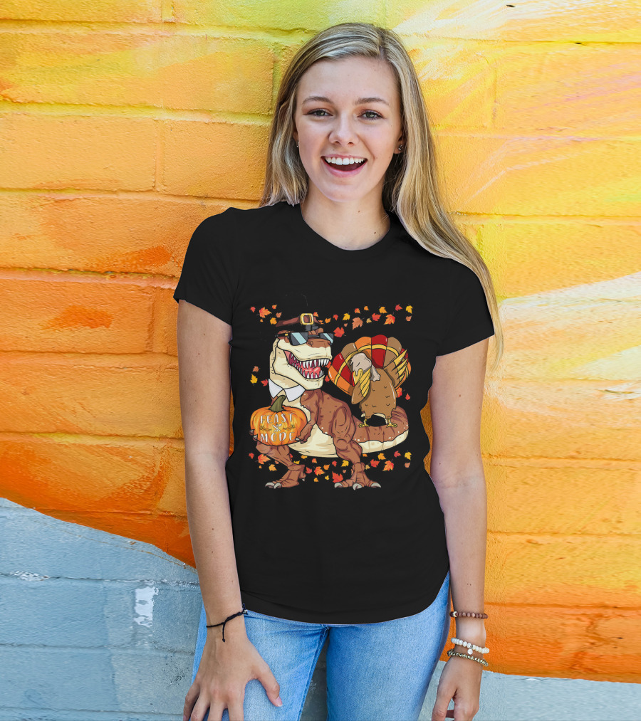 Thanksgiving Feast Mode Dinosaur With Turkey And Autumn Leaves T-Shirt