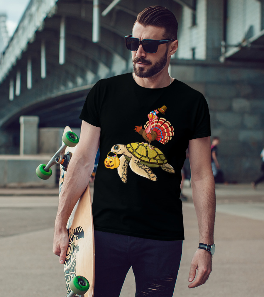 Turkey Riding Turtle Pumpkin Funny Sea Thanksgiving Halloween Fusion T-Shirt