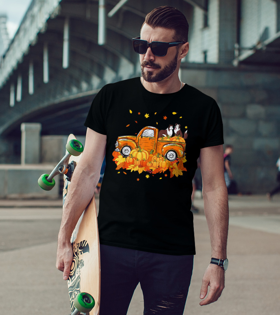 Heeler Pumpkin Truck With Fall Leaves And Pumpkins For Halloween T-Shirt