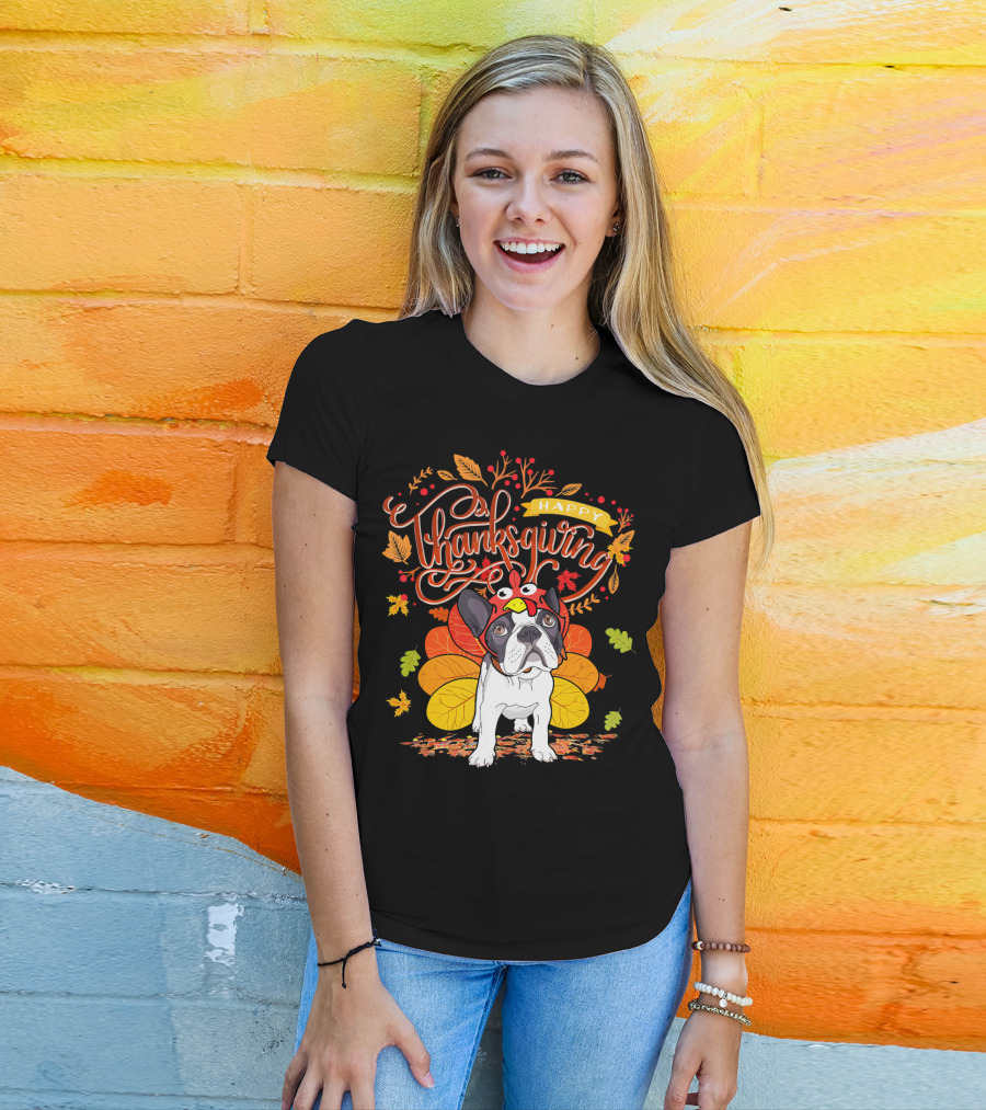 Happy Thanksgiving French Bulldog With Turkey Hat And Fall Leaves T-Shirt