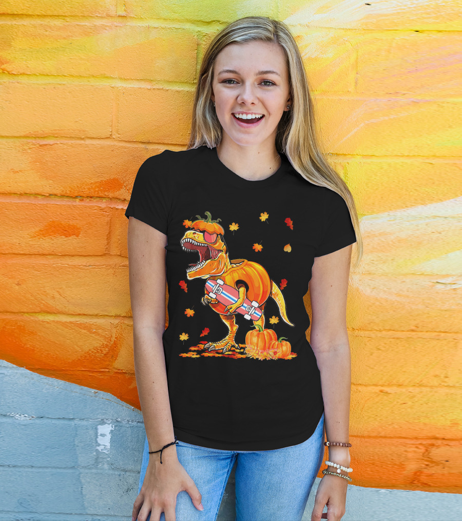 Dinosaur Pumpkin Skateboard Autumn Leaves Hall T-Shirt
