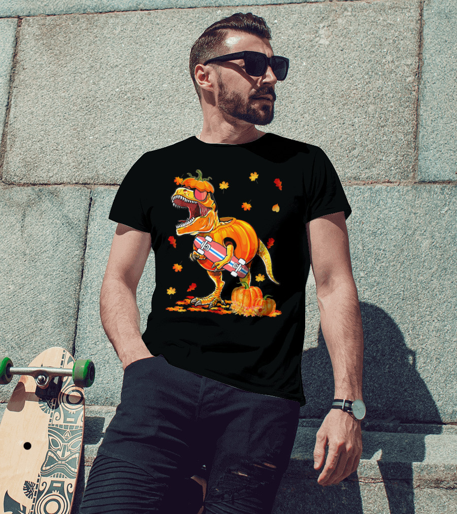 Dinosaur Pumpkin Skateboard Autumn Leaves Hall T-Shirt