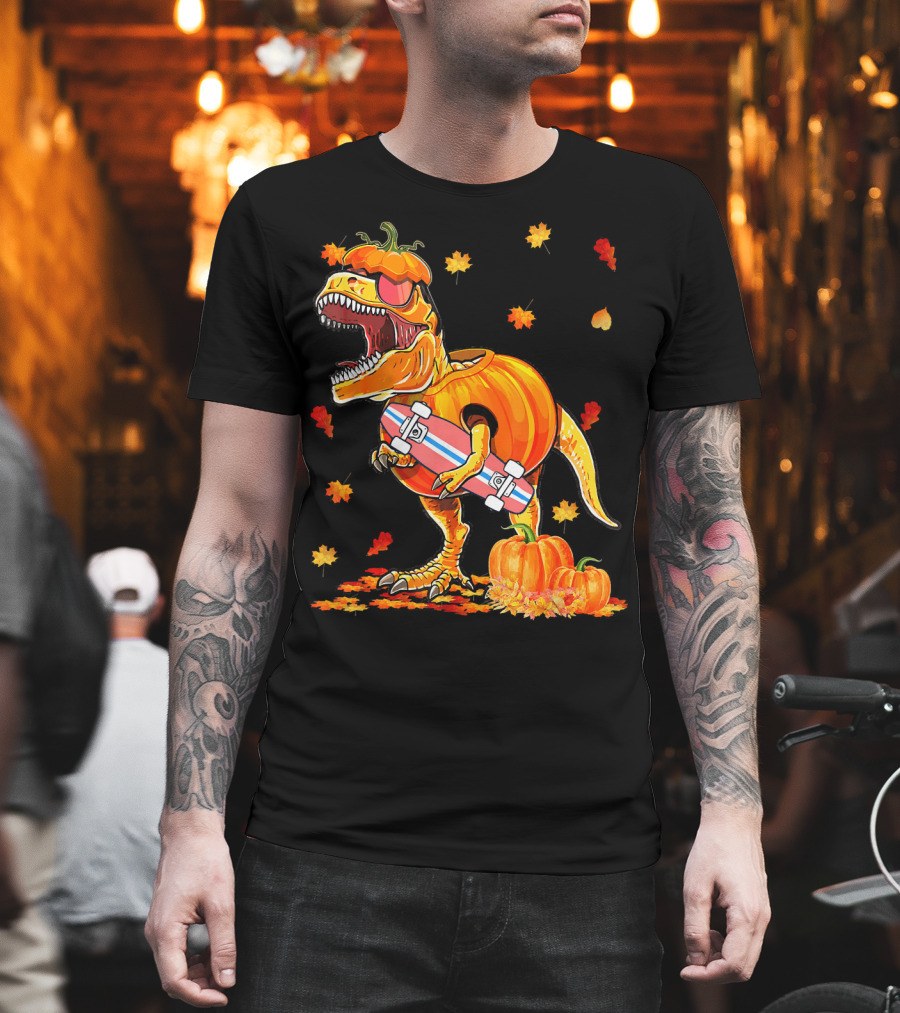 Dinosaur Pumpkin Skateboard Autumn Leaves Hall T-Shirt