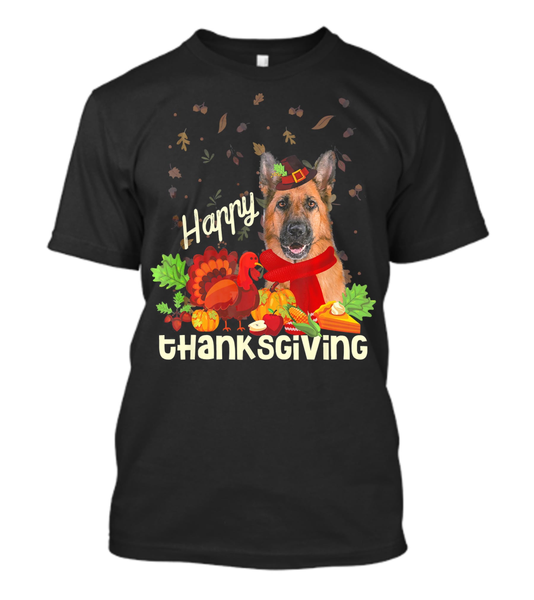 Happy Thanksgiving Pilgrim German Shepherd With Turkey And Fall Leaves T-Shirt