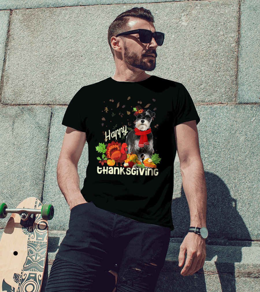 Happy Thanksgiving Pilgrim Miniature Schnauzer Turkey Pumpkin Pie Autumn Leaves T-Shirt