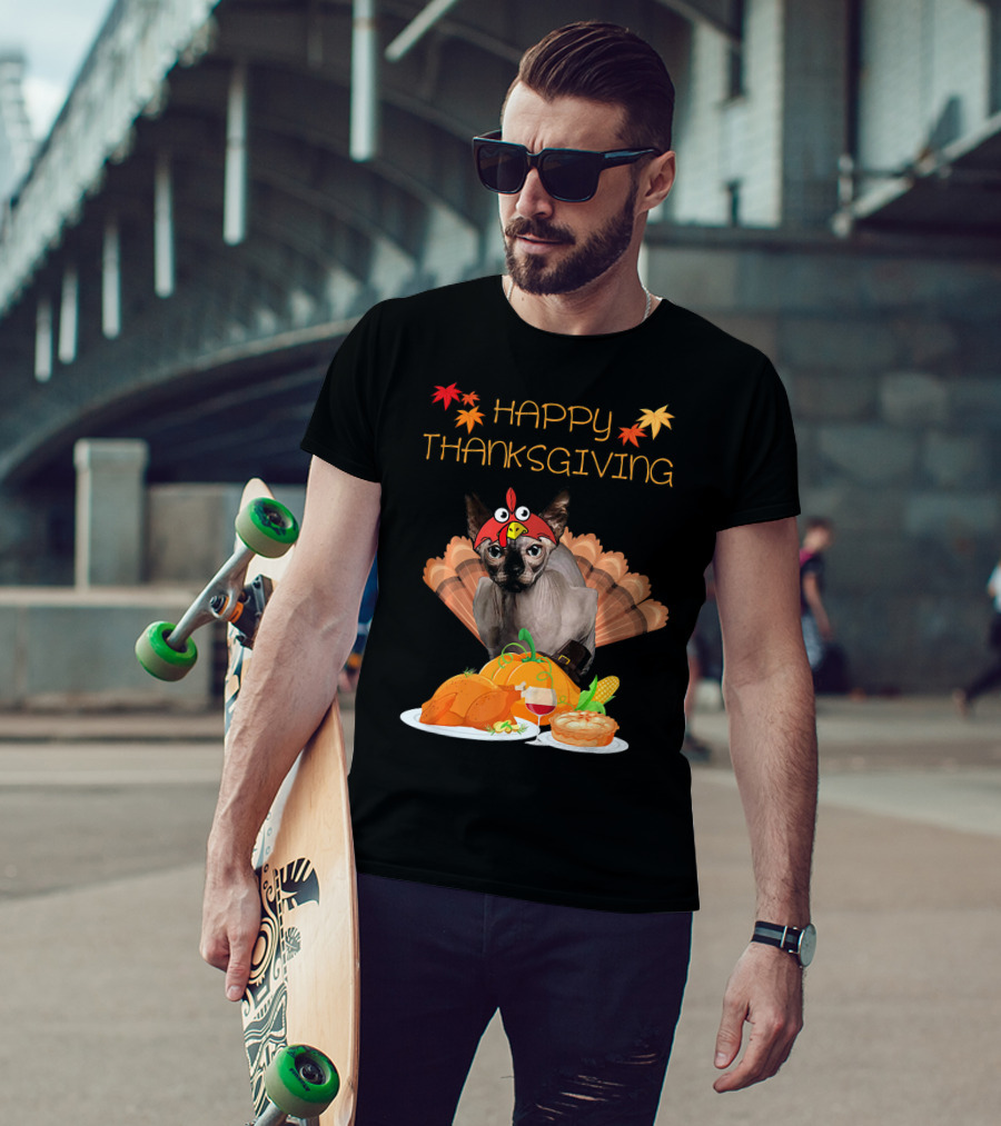 Happy Thanksgiving Sphynx Cat Turkey Feast T-Shirt