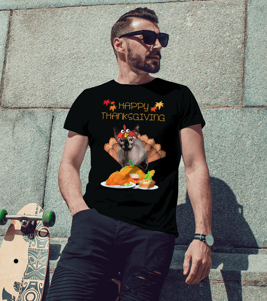 Happy Thanksgiving Sphynx Cat Turkey Feast T-Shirt