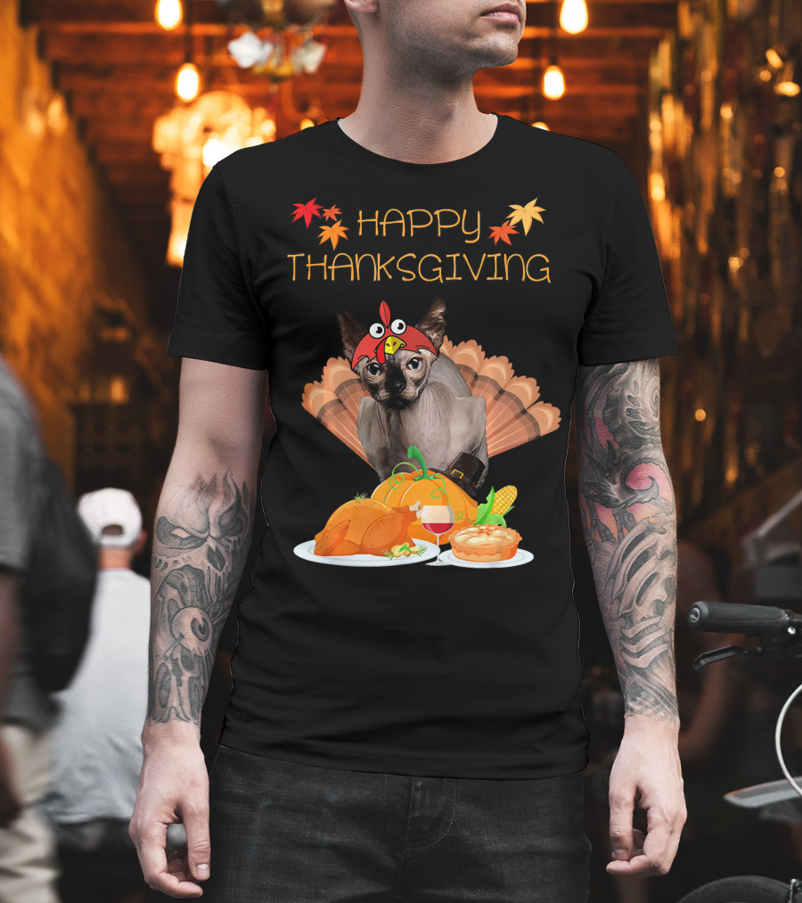Happy Thanksgiving Sphynx Cat Turkey Feast T-Shirt