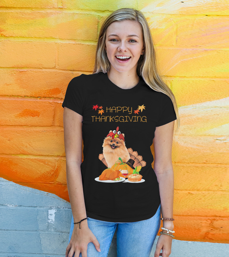 Happy Thanksgiving Day Pomeranian Turkey Pumpkin Pie T-Shirt