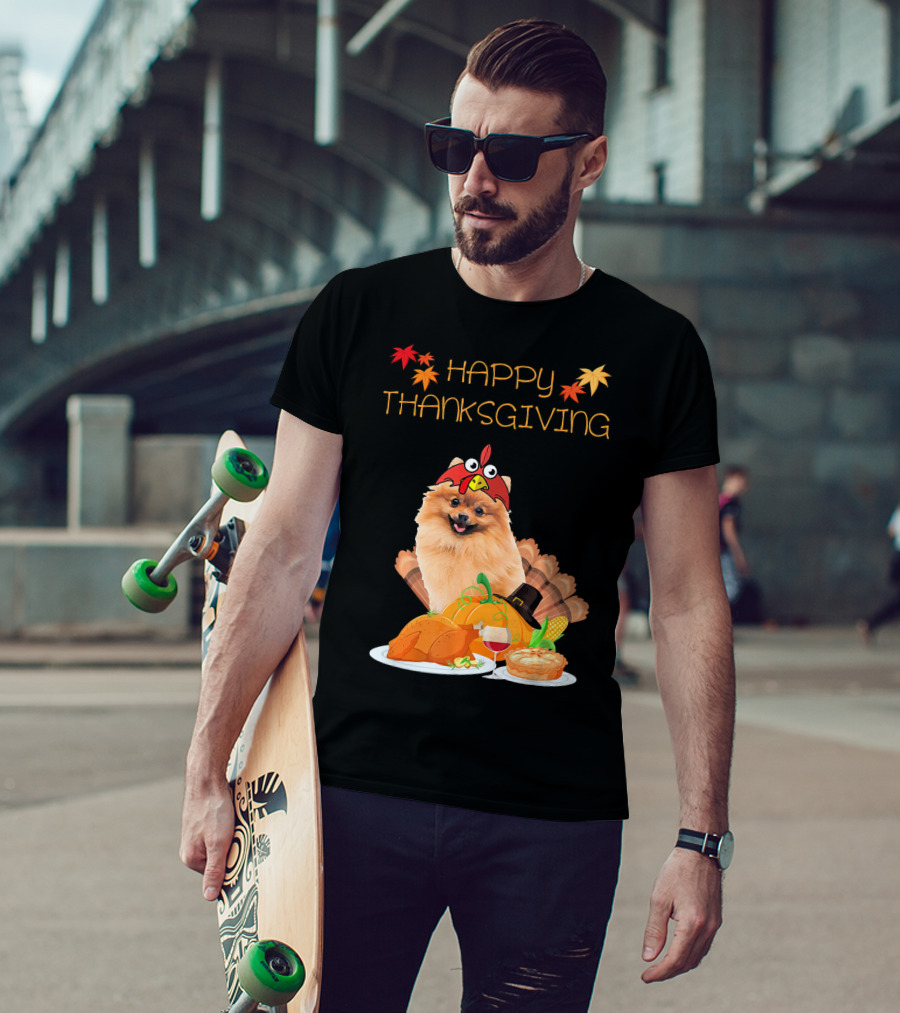 Happy Thanksgiving Day Pomeranian Turkey Pumpkin Pie T-Shirt
