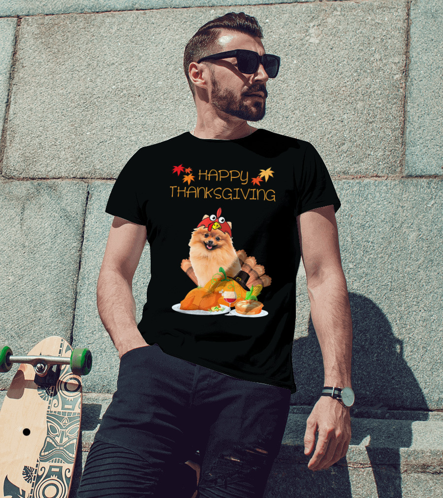 Happy Thanksgiving Day Pomeranian Turkey Pumpkin Pie T-Shirt