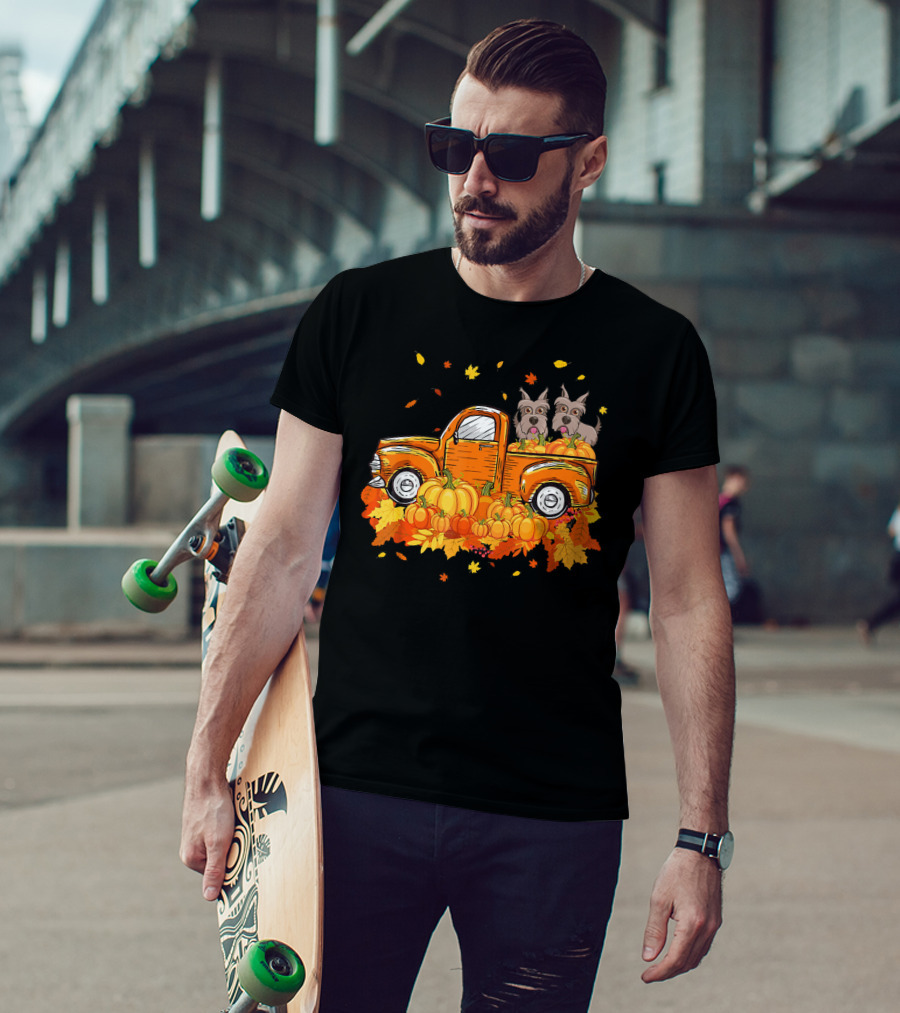 Scottie Dogs In Pumpkin-Filled Truck Surrounded By Autumn Leaves Halloween T-Shirt