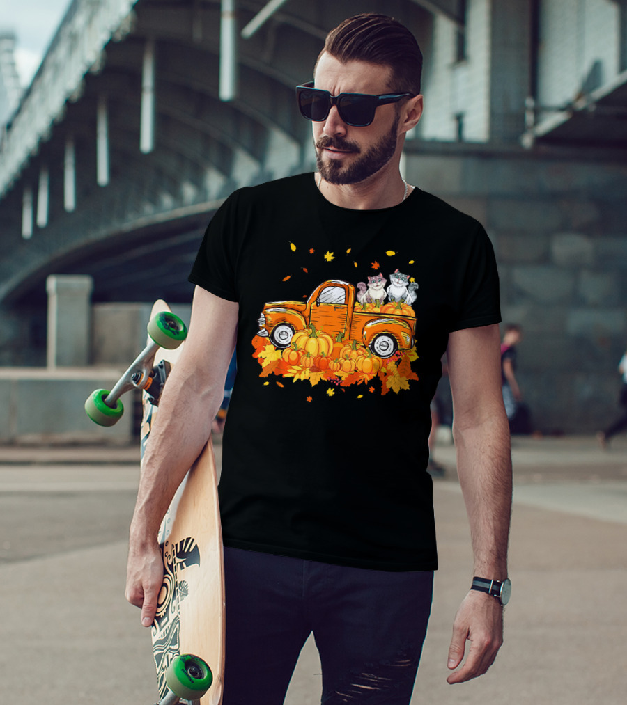 Cat Pumpkin Autumn Truck With Cats And Pumpkins T-Shirt