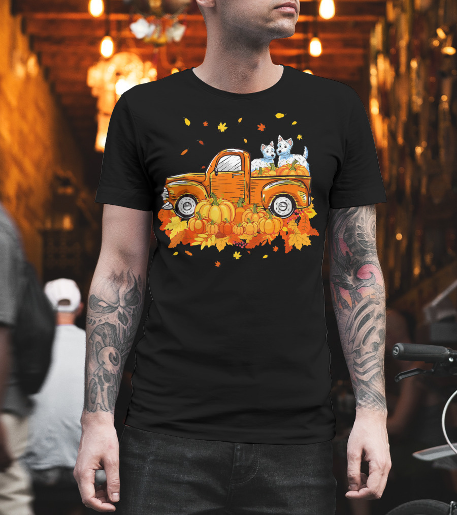 Westie Dogs in Pumpkin Truck with Fall Leaves Halloween T-Shirt