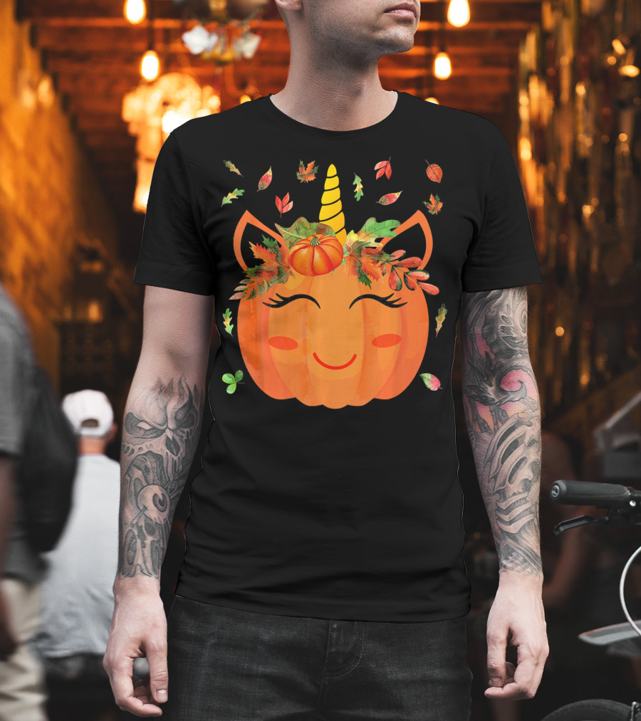 Cute Unicorn Pumpkin With Autumn Leaves And Horn T-Shirt