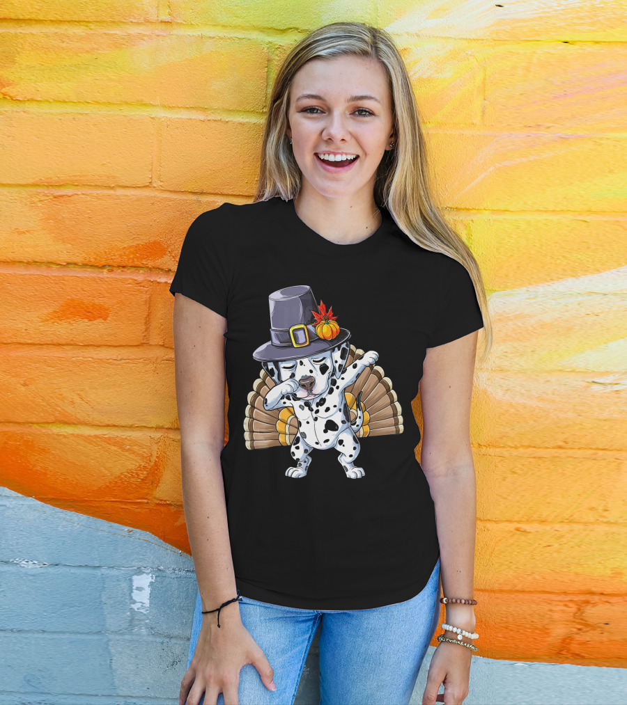Thanksgiving Dabbing Dalmatian Pilgrim Hat Turkey Tail T-Shirt