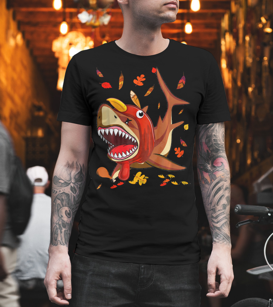 Thanksgiving Shark Doo Doo Doo Turkey Costume with Fall Leaves T-Shirt