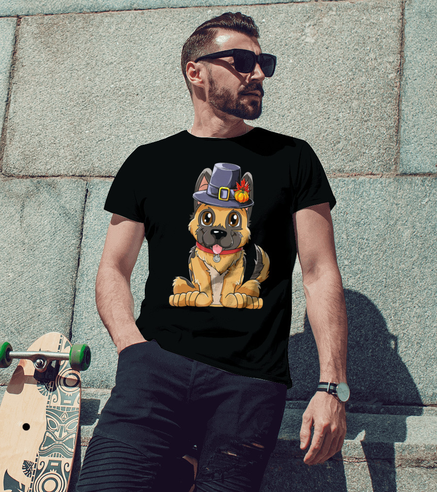 Thanksgiving Kids German Shepherd Cartoon Dog With Pilgrim Hat And Pumpkin T-Shirt