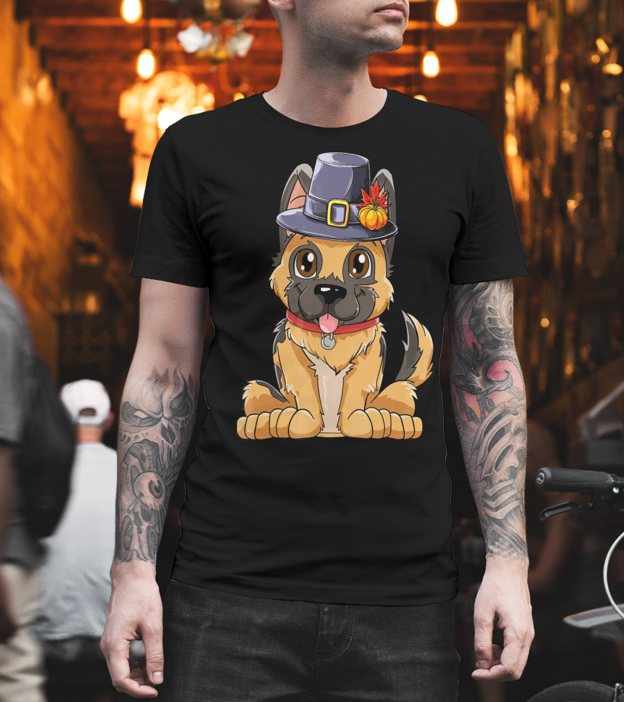 Thanksgiving Kids German Shepherd Cartoon Dog with Pilgrim Hat and Pumpkin T-Shirt