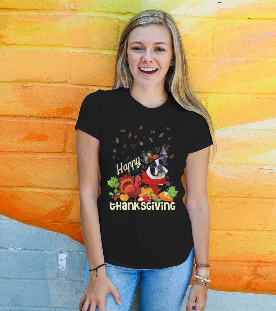 Happy Thanksgiving Boston Terrier Pilgrim With Turkey And Autumn Leaves T-Shirt