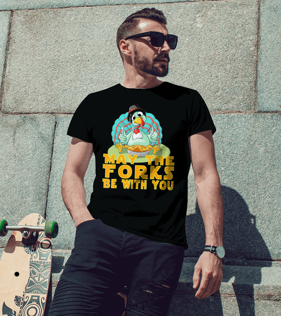 Cute Thanksgiving Turkey May The Forks Be With You Holiday T-Shirt