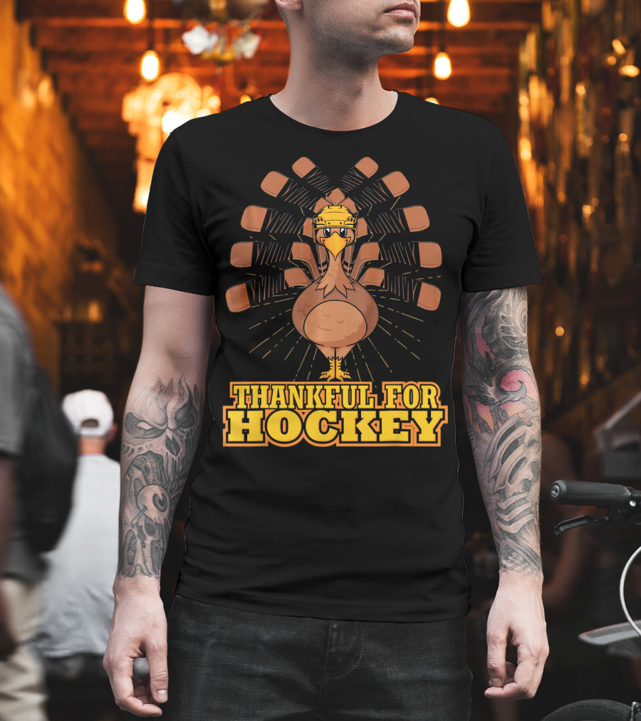 Thankful for Hockey Turkey Wearing Helmet with Hockey Sticks T-Shirt