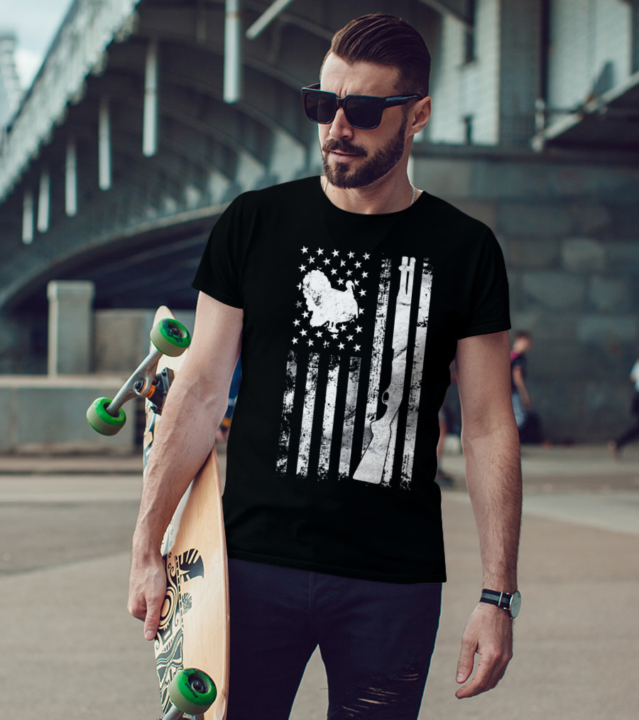 Turkey Hunting American Flag With Rifle And Stars T-Shirt