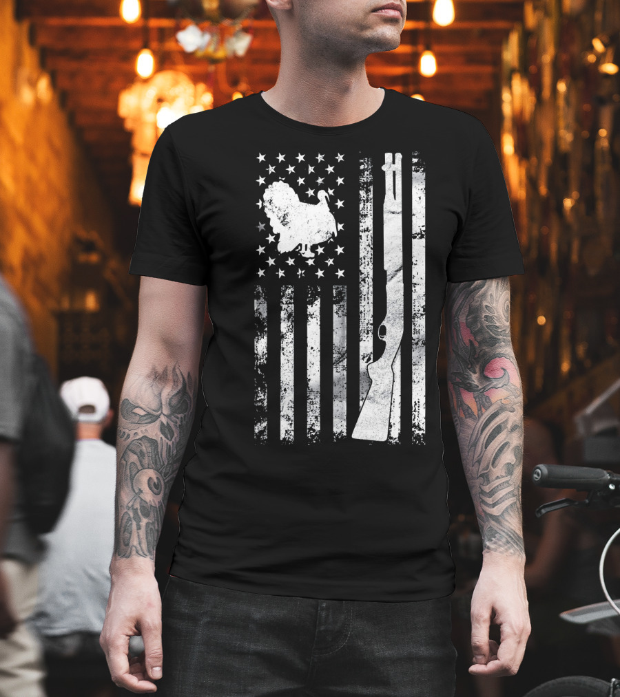 Turkey Hunting American Flag With Rifle And Stars T-Shirt
