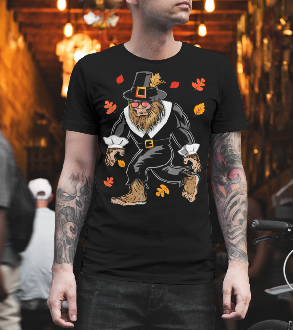 Thanksgiving Pilgrim Bigfoot Sasquatch with Autumn Leaves T-Shirt Thanksgiving Pilgrim Bigfoot Sasquatch with Autumn Leaves T-Shirt