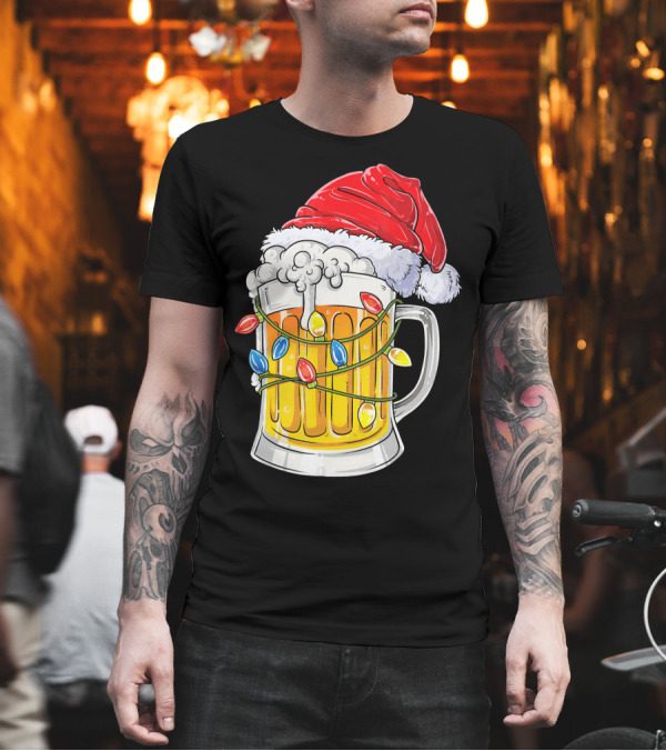 Beer Mug with Santa Hat and Christmas Lights T-Shirt Beer Mug with Santa Hat and Christmas Lights T-Shirt