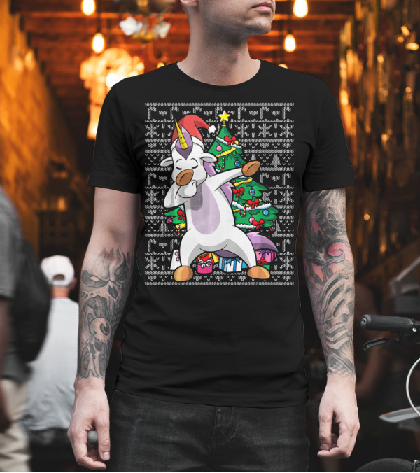 Unicorn Dabbing in Santa Hat by the Christmas Tree with Gifts T-Shirt Unicorn Dabbing in Santa Hat by the Christmas Tree with Gifts T-Shirt