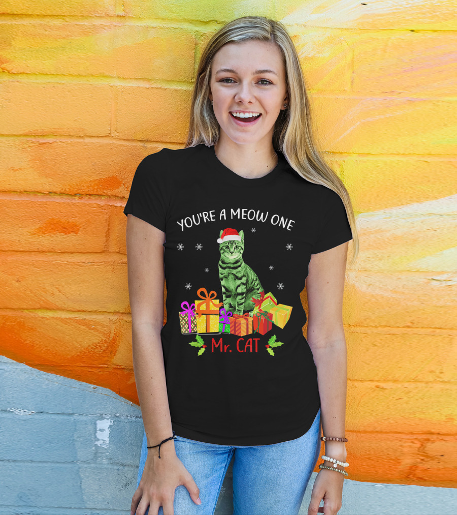 You're A Meow One Mr. Cat Christmas Holiday With Presents And Santa Hat T-Shirt