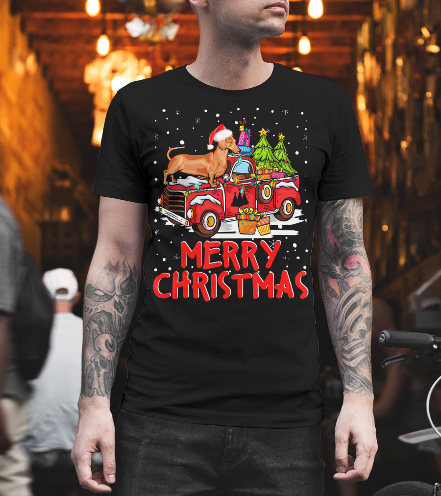 Merry Christmas Dachshund Santa Hat Red Truck With Gifts And Trees T-Shirt