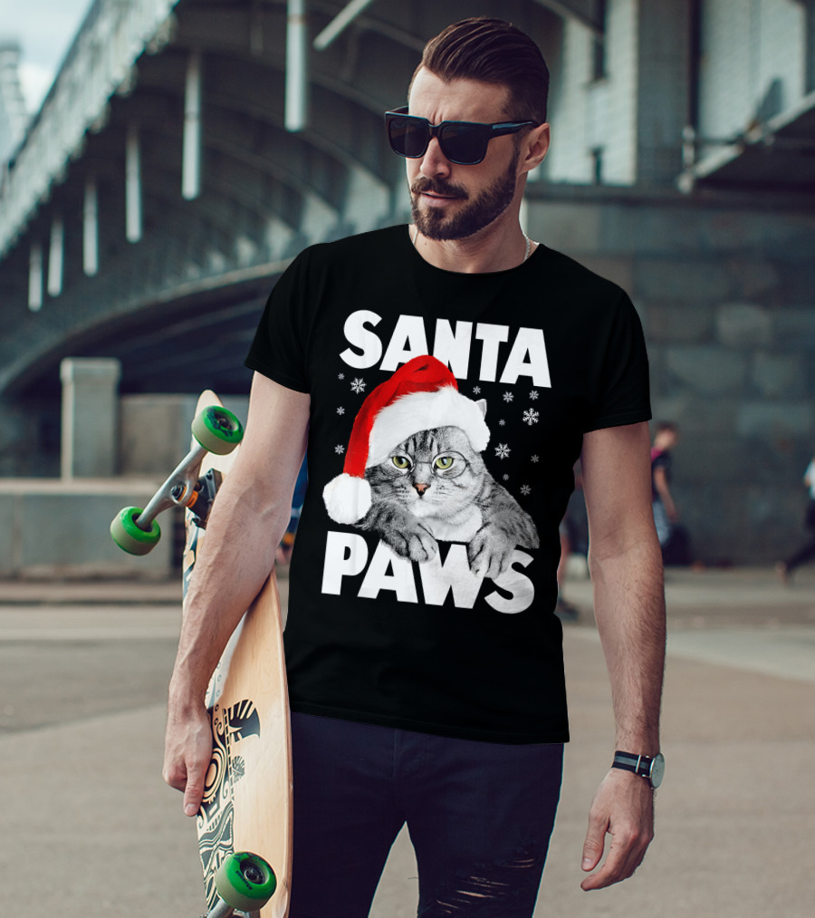Santa Paws Christmas Kitty Cat Funny Graphic Snowflakes Hat T-Shirt
