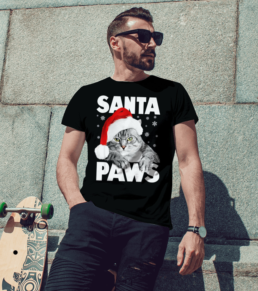 Santa Paws Christmas Kitty Cat Funny Graphic Snowflakes Hat T-Shirt