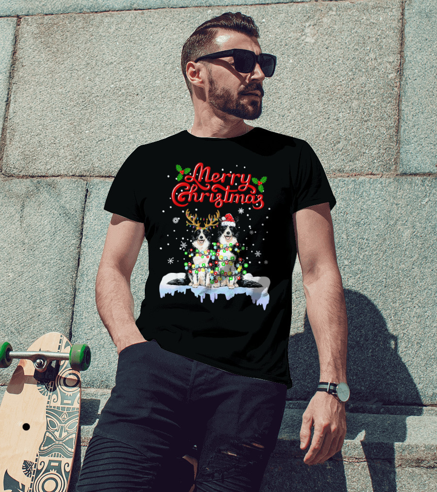 Merry Christmas Border Collie Christmas Lights Funny Dog Santa Reindeer T-Shirt