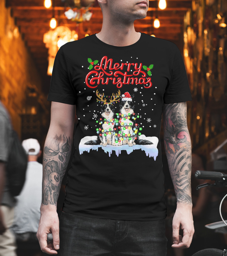 Merry Christmas Border Collie Christmas Lights Funny Dog Santa Reindeer T-Shirt