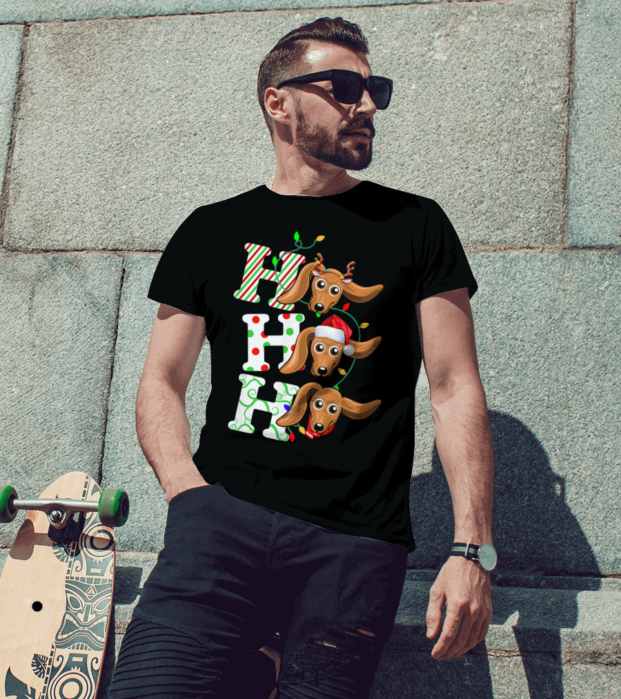 Dachshund Ho Ho Ho Reindeer Antlers Santa Hat Christmas Lights T-Shirt