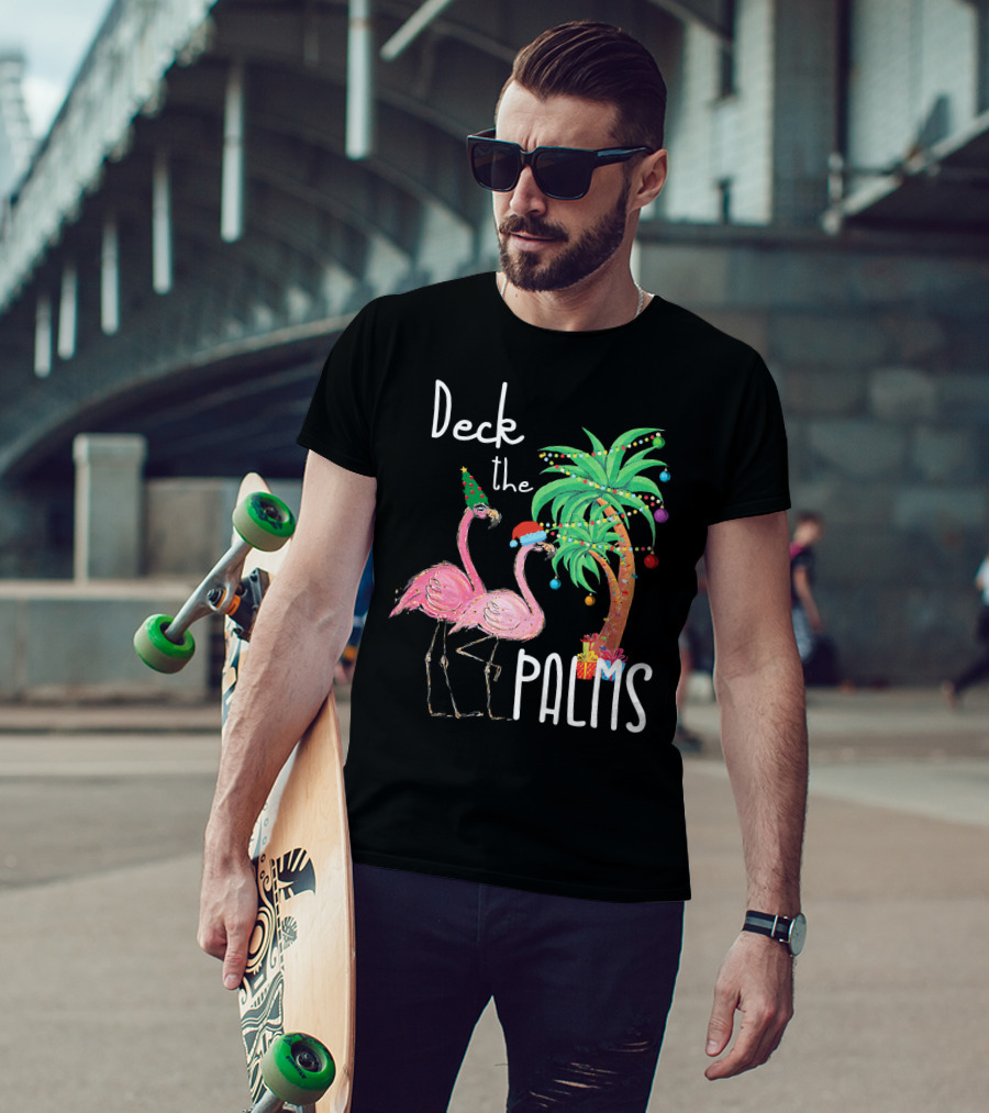 Deck The Palms Christmas Flamingo Family Tropical Holiday Scene T-Shirt