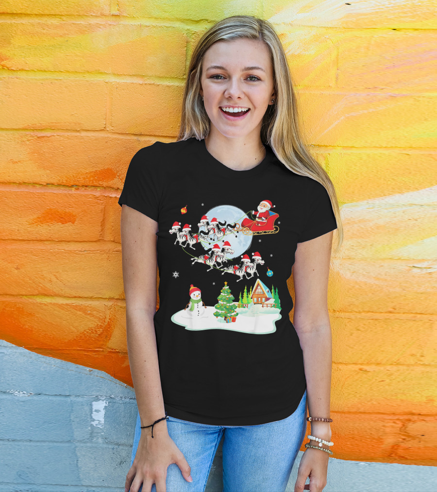 Santa Claus Sleigh With Zebras And Snowman By Christmas Tree T-Shirt