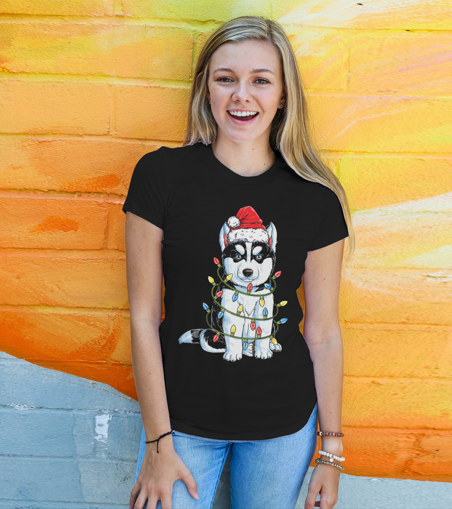 Siberian Husky Wrapped In Christmas Lights With Santa Hat T-Shirt